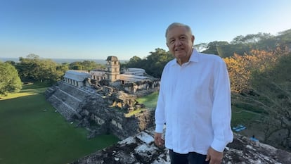 López Obrador en el sitio arqueológico de Palenque (Estado de Chiapas), el 1 de enero de 2024.