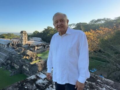 López Obrador en el sitio arqueológico de Palenque (Estado de Chiapas), el 1 de enero de 2024.