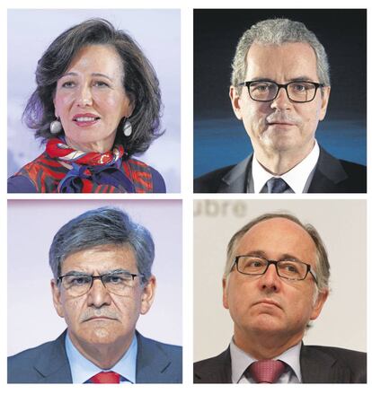 Ana Botín, presidenta de Banco Santander (arriba a la izquierda), José Antonio Álvarez (abajo a la izquierda), consejero delegado de la entidad, Pablo Isla (arriba a la derecha), presidente de Inditex, y Luis Gallego, presidente de Iberia (abajo a la derecha).