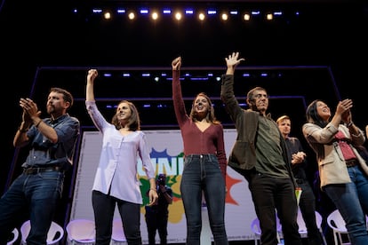 Desde la izquierda, Pablo Iglesias, Ione Belarra, Irene Montero y Juan Carlos Monedero, en un acto de Podemos en noviembre de 2022.