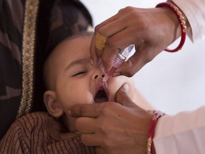 Un niño es vacunado contra la polio, en Agra, India.