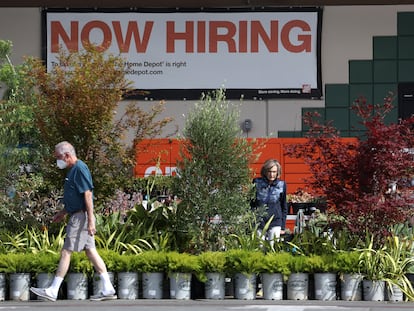 A "now hiring" sign at a Home Depot store in San Rafael, California.