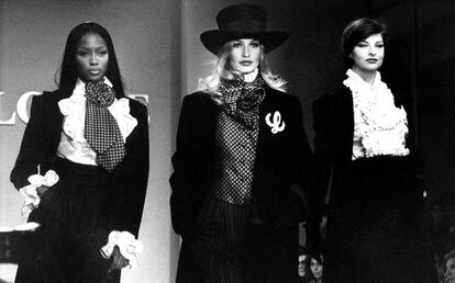 Naomi Campbell, Karen Mulder y Linda Evangelista, en un desfile de Loewe de la Pasarela Cibeles.