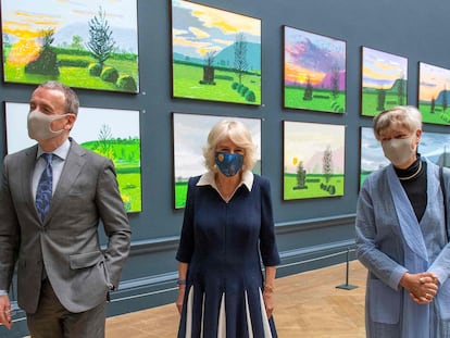 Camilla Parker Bowles, este miércoles en la inauguración de la exposición de David Hockney en la Royal Academy of Arts, en Londres.