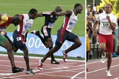 Justin Gatlin supera (de izquierda a derecha) a Francis Obikwelu, Shawn Crawford y Kim Collins en  los Juegos Olímpicos de Atenas 2004.