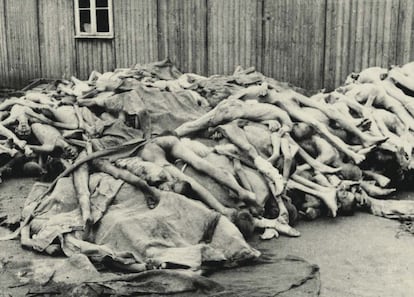 Another of Boix’s photographs taken in the immediate aftermath of liberation, showing hundreds of corpses left after Nazi authorities fled the camp.