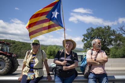 Una mujer levanta una bandera 'estelada', este lunes durante las protestas agrícolas que han bloqueado el tráfico de la AP-7.