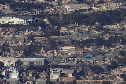 An aerial view of burned properties following a fire in the Pacific Palisades neighborhood of Los Angeles, California.