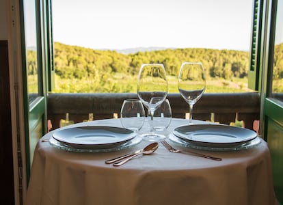 Restaurant del celler Montrubí amb vistes a la vinya.