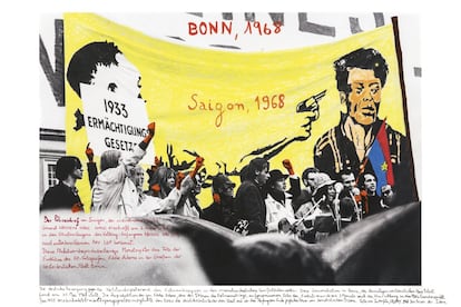 Imagen intervenida por Brodsky de una manifestación en Saigón en 1968. El antibelicismo, en efervescencia por la Guerra de Vietnam, llevó a numerosas protestas en todo el mundo.