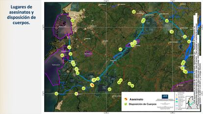Mapa realizado por el personal de la Jurisdicción Especial para la Paz que muestra el sitio de asesinatos y disposición de cuerpos alrededor del Canal del Dique.