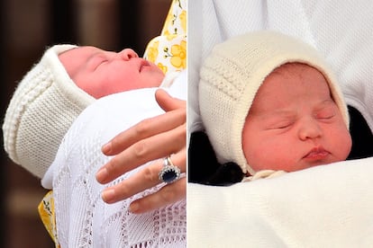 La relación de la princesa Charlotte con la moda española ha sido estrecha desde su primera presentación en los medios: llevó un pequeño gorro y un conjunto de punto blanco de la firma Irulea.