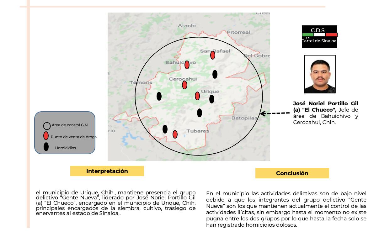 Mapa del territorio que controla Jesús Noriel Portillo Gil, alias 'El Chueco', de acuerdo con la Sedena.