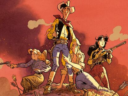 Detalle de la portada de 'Se busca Lucky Luke', de Matthieu Bonhomme, editado por Kraken.