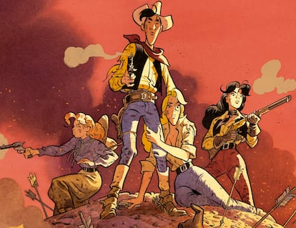 Detalle de la portada de 'Se busca Lucky Luke', de Matthieu Bonhomme, editado por Kraken.