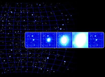 Esta ilustración muestra como en un estallido de rayos gamma el brillo del objeto aumenta enormemente en muy poco tiempo (las explosiones de rayos gamma suelen durar entre una centésima de segundo y unos minutos). Puede haber varios estallidos al día, y no es posible predecir dónde tendrá lugar el próximo.