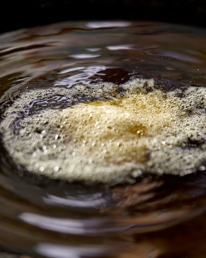 Freír en aceite el boquerón. El boquerón se fríe al momento en aceite de arbequina suave, cuidadosamente limpio y sin sobrecalentar, para conseguir una capa exterior crujiente y un interior meloso.