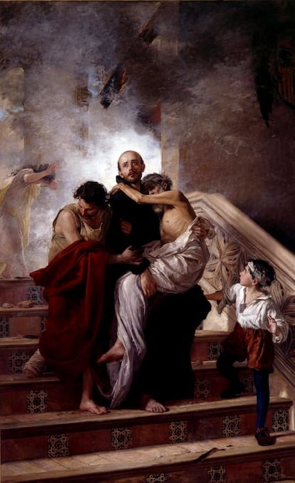 'San Juan de Dios salvando del incendio a los enfermos del Hospital Real de Granada' (1880), propiedad de la Diputación granadina, el mejor ejemplo de la obra religiosa que con profusión pintó Gómez-Moreno.