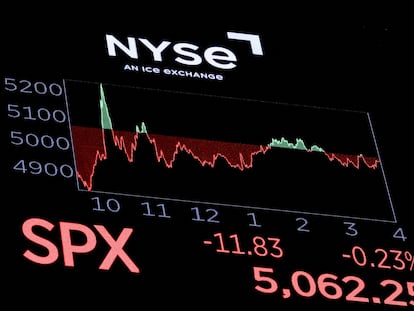 Un gráfico del índice S&P 500 en la sesión de este lunes, en las pantallas de la Bolsa de Nueva York.