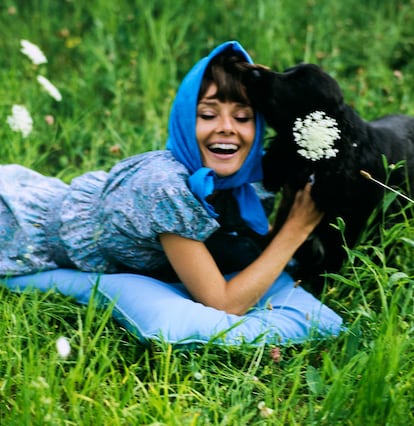 Audrey Hepburn en el jardín de su casa junto a uno de sus perros en 1971.