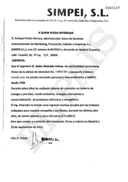 Documento en el que el administrador único de la editorial SIMPEI S. L., Enrique Prieto Herrera, reconoce los pagos al exviceministro de Energía de Venezuela Javier Alvarado.