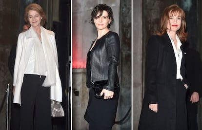 De izquierda a derecha: las actrices Charlotte Rampling, Juliette Binoche e Isabelle Huppert a su llegada al desfile de Armani.