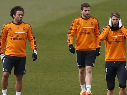 Marcelo, Nacho and Sergio Ramos during a Madrid training session. 