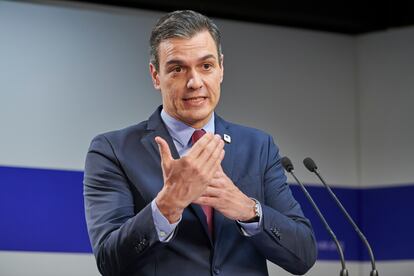 El presidente del Gobierno, Pedro Sánchez, durante la rueda de prensa que ofreció el viernes tras la reunión del Consejo Europeo en Bruselas.