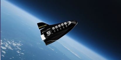 Ilustraci&oacute;n de la nave suborbital Soar, de la empresa S-3, que subir&aacute; hasta 100 kil&oacute;metros sobre la superficie terrestre con cuatro pasajeros a bordo y dos pilotos.