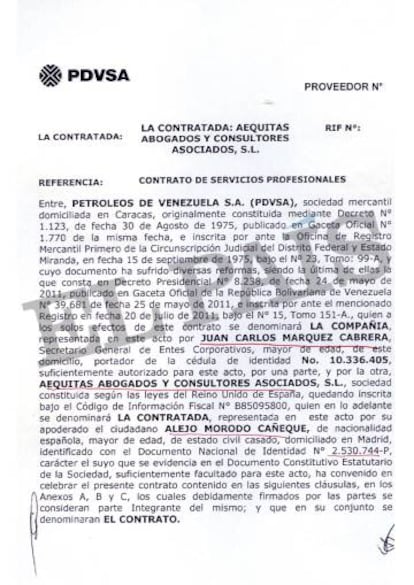 Uno de los contratos entre el hijo de Raúl Morodo y la petrolera venezolana.