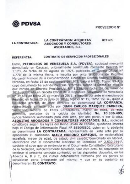 Uno de los contratos entre el hijo de Raúl Morodo y la petrolera venezolana.