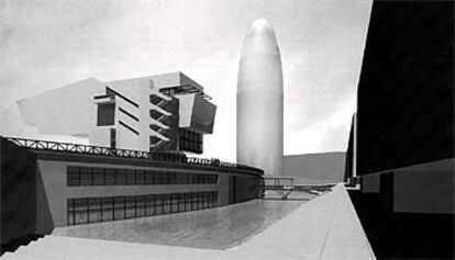 De arriba  abajo: imagen virtual del museo del diseño de Bohigas y la Torre Agbar de Nouvel; recreación del edificio Fòrum de Herzog & De Meuron; dibujo de los hoteles de Perrault; maqueta del hotel de Bofill.