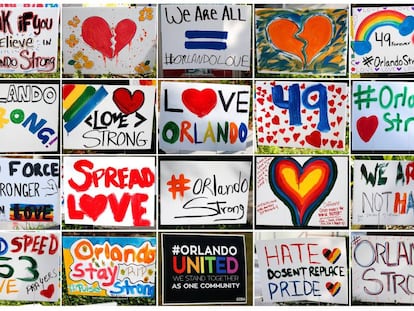 Carteles en apoyo de los asesinados en un club gay de Orlando.