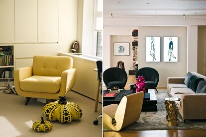 El arte y la madera son una constante en su apartamento del SoHo, con piezas como el díptico de Julien Opie (derecha) o las calabazas de Yayoi Kusama.