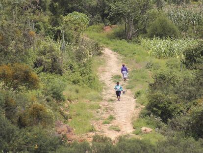 Dos mujeres de la comunidad de Santiago Mitlaltongo caminan entre las montañas de Oaxaca.