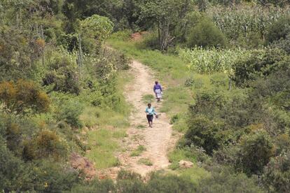 Dos mujeres de la comunidad de Santiago Mitlaltongo caminan entre las montañas de Oaxaca.