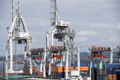 Grúas de estiba paralizadas a media mañana en el puerto de Vigo.