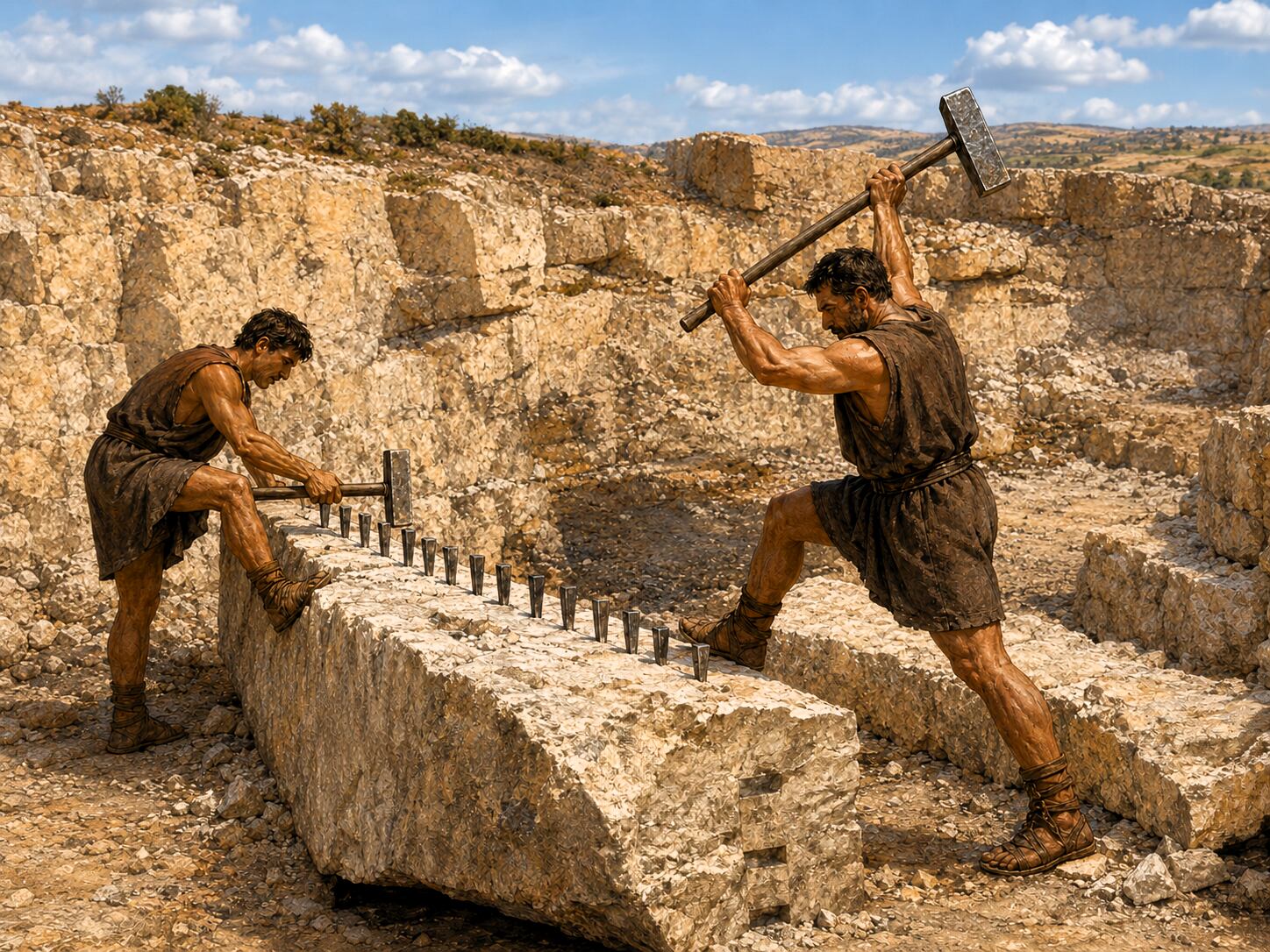 Recreación de la rotura de la piedra en la cantera donde se halló el templete de Minerva.