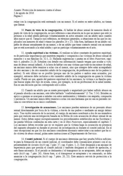 Página del documento interno de la orden en la que se detalla cómo proceder ante abusos a menores.