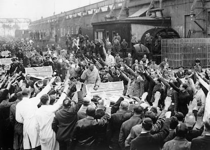 Adolf Hitlers visited a Siemens factory in Berlin, 1933, after his final rally before winning the parliamentary elections