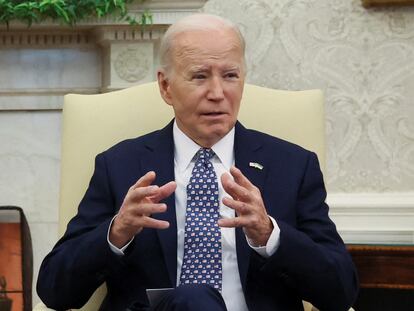 U.S. President Joe Biden and Vice President Kamala Harris meet with congressional leaders in the Oval Office at the White House in Washington, U.S., February 27, 2024.