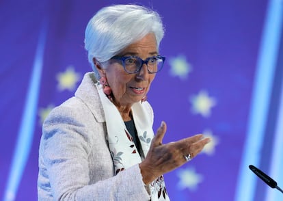 European Central Bank (ECB) President Christine Lagarde addresses a press conference following the ECB Governing Council meeting in Frankfurt am Main, Germany, 27 July 2023.