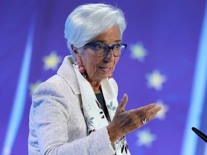 European Central Bank (ECB) President Christine Lagarde addresses a press conference following the ECB Governing Council meeting in Frankfurt am Main, Germany, 27 July 2023.