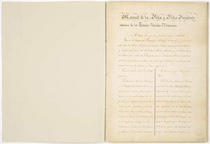 Exchange copy of the Treaty of Guadalupe Hidalgo, which ended the war, signed on February 2, 1848, at Guadalupe Hidalgo city. The document, written in Spanish and English, was given to the United States by Mexico, proving that the Mexican government had ratified the treaty—courtesy of the General Records of the United States Government, National Archives Building, Washington, DC.