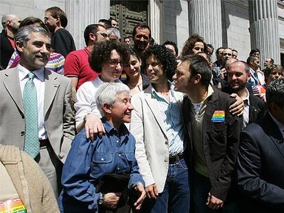 Gaspar Llamazares (primero a la izquierda) y miembros de colectivos homosexuales, tras el pleno del Congreso que aprobó la ley sobre las bodas gays.