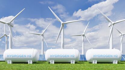 Hydrogen energy storage gas tank for clean electricity solar and wind turbine facility.