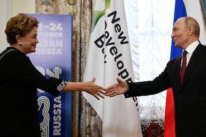 Russian President Vladimir Putin meets with New Development Bank President and former Brazilian President Dilma Rousseff on the sidelines of the BRICS summit in Kazan. 