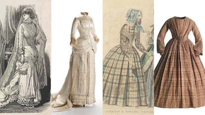 Desde la izquierda, láminas de un vestido de novia en 'La moda del correo de ultramar', traje de novia (1879-1882), lámina de The Ladies’ Cabinet of Fashion Music and Romance y vestido de mañana (1840-1850).