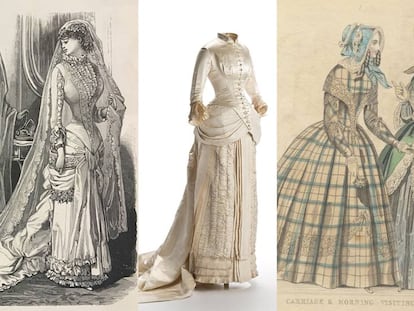 Desde la izquierda, láminas de un vestido de novia en 'La moda del correo de ultramar', traje de novia (1879-1882), lámina de The Ladies’ Cabinet of Fashion Music and Romance y vestido de mañana (1840-1850).