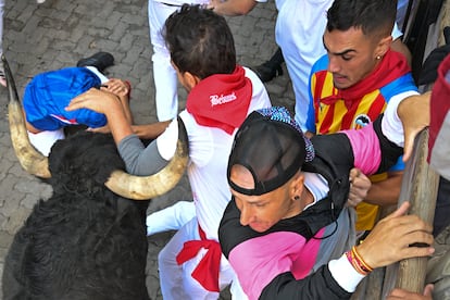 Uno de los momentos más tensos del encierro protagonizado por los astados la ganadería gaditana de La Palmosilla este domingo. 